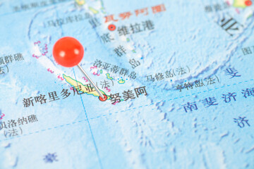 Pushpins mark the location of Noumea, the capital of New Caledonia, on the map