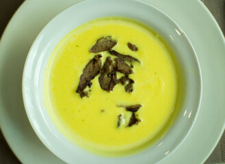 Cheese soup with duck liver.