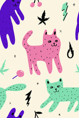 Seamless pattern of dogs, cats funny and cute face, with decoration of weeds, lollipop, flame, and cherry in pastel doodle style