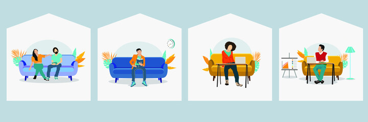 Obraz premium Students and schoolchildren with laptop sitting on the couch. Freelance or training concept. Cute illustration in flat style. Distance learning at home