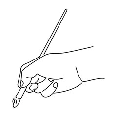 Hand holding a brush. Vector line art illustration