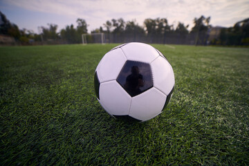 Black and White Soccer Ball On Stadium Lawn On Blue Sky Background                      