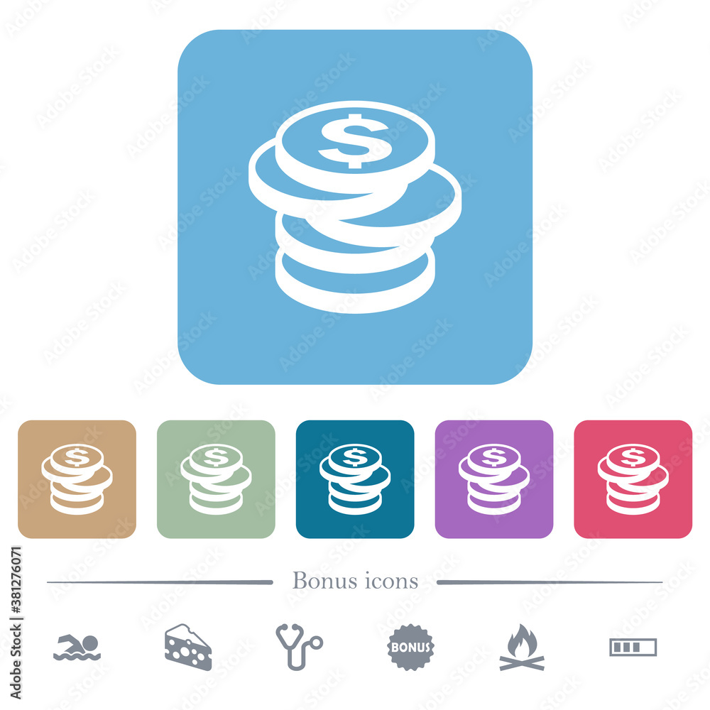 Poster stack of dollar coins flat icons on color rounded square backgrounds