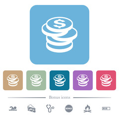 Stack of Dollar coins flat icons on color rounded square backgrounds