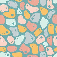 Vector seamless spotted pattern. Multicolour spots of various shapes on a white background. Many shapeless rounded shapes. Trend pattern. Leopard print. Doodle style. Stock illustration. For fabric