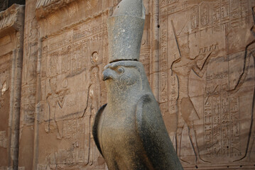 Ancient egyptian statue of falcon god Horus at the Temple of Edfu. Egypt
