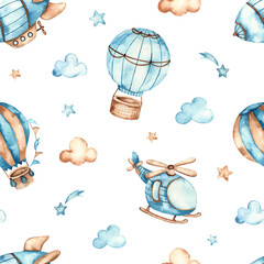 Watercolor seamless boho pattern for boys with helicopter, airship, balloons, clouds on white background © MarinaErmakova