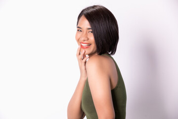 Obraz premium Close up of young Asian beautiful woman with smiling face bright isolated on white background.