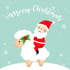 Santa Riding Sheep Illustration. Merry Christmas greeting card