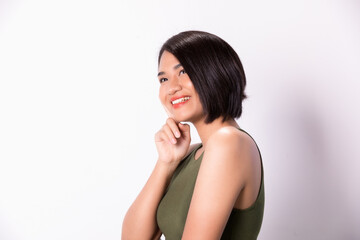 Fototapeta premium Close up of young Asian beautiful woman with smiling face bright isolated on white background.