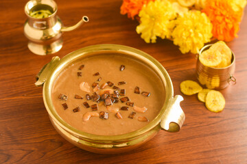Onam sadhya sweet parippu payasam or dal kheer dessert Kerala, South India. Indian mithai   Delicious festival sweet dish for Onam, Vishu, Deepawali, sweet food made of condensed milk