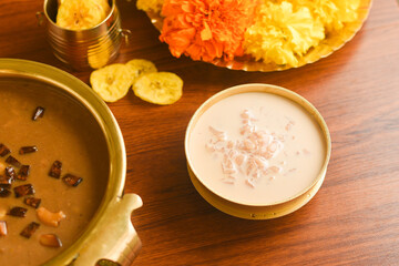 Onam sadhya sweet payasam or dal kheer dessert Kerala, South India. Indian mithai served Indian celebrations  Delicious festival sweet dish for Onam, Vishu, Deepawali on banana leaf background.