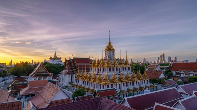 BANGKOK, THAILAND - September 27: Morning sky at Loha Prasat Wat Ratchanatda, Bangkok, Thailand on September 27, 2020
