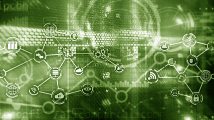 Green Server room IOT communication Smart industry internet of things concept. Digital technology.