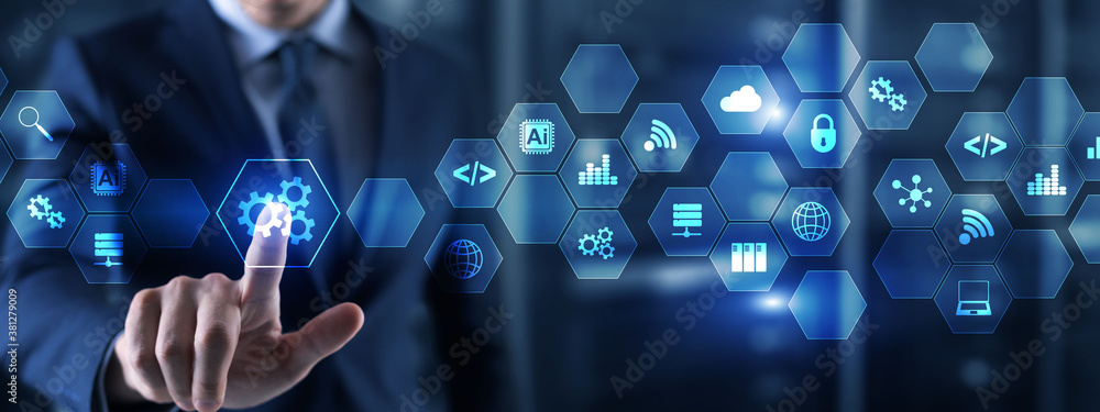 Poster automation machine technology innovation concept 2021. man clicks on a virtual screen.