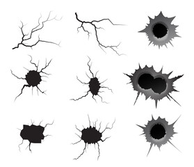 Bullet hole and ground cracks set. Metal single and double bullet hole, damage effect. Earthquake and ground cracks, craquelure and damaged wall texture. Vector illustrations for topics earthquake