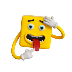 3d render, abstract emotional face icon, yellow emoticon clip art isolated on white background. Scared character illustration, sick cartoon monster, square emoji, cute silly cubic toy tongue out