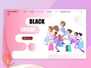 Happy people are running to the sale, Black Friday has begun. Landing page for a discount website