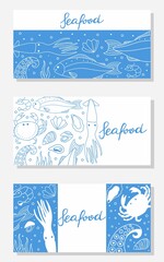 Seafood doodle background set. Cafe, restaurant menu, flyer or poster with ocean products. Crab and shrimp, fish, oyster and octopus tentacles line vector white objects on blue