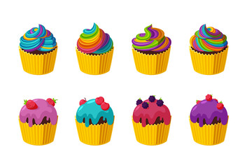 Cupcakes with colorful frosting, rainbow icing and berries. Big set of cupcakes isolated in white background. Vector illustration in cute cartoon style