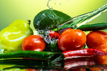 set of vegetables for salad with water splashes on gradient background