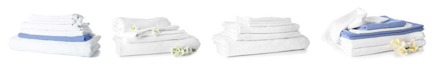 Stack of clean bed sheets on white background