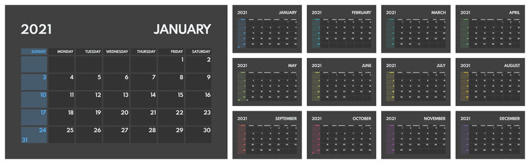 2021 year monthly planner, sunday first, dark background