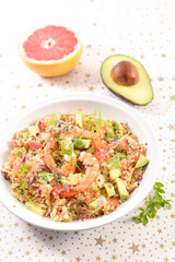 festive quinoa salad with avocado, grapefruit and shrimp