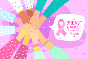 Concept of National Breast Cancer Awareness Month. Women with stack of hands showing unity and teamwork, top view.