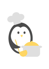 Cute cartoon penguin cooking food. Penguin in a chef's hat, with a ladle and a pot. Vector illustration for children's menu