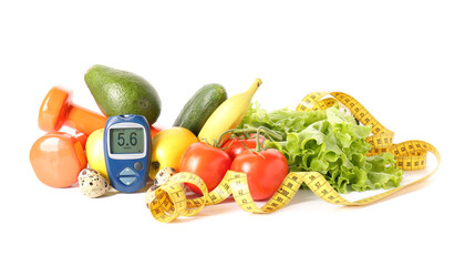 Vegetables, fruits, measuring tape and glucometer on white background. Diabetes concept