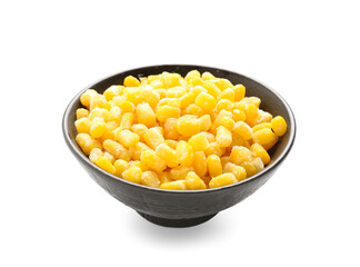 Bowl with frozen corn on white background