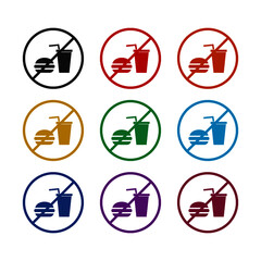 No Fast Food and Drink Prohibition icon Sign, color set