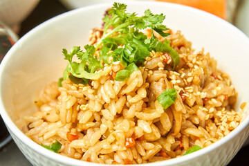 Chahan with seafood, rice, vegetables and soy sauce