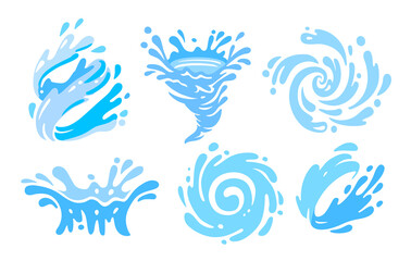 set of blue water splashes with drops