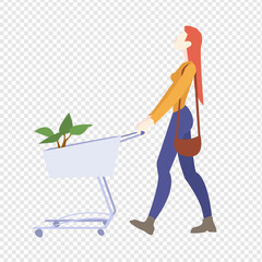 Woman Is Carrying A Grocery Cart Transparent Background, Vector Illustration