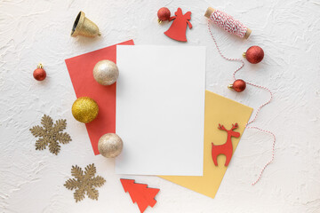Naklejka na ściany i meble Beautiful Christmas decorations with empty card on white background