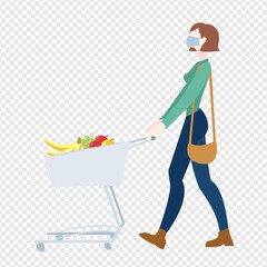 Woman In Mask Is Carrying A Grocery Cart Transparent Background, Vector Illustration