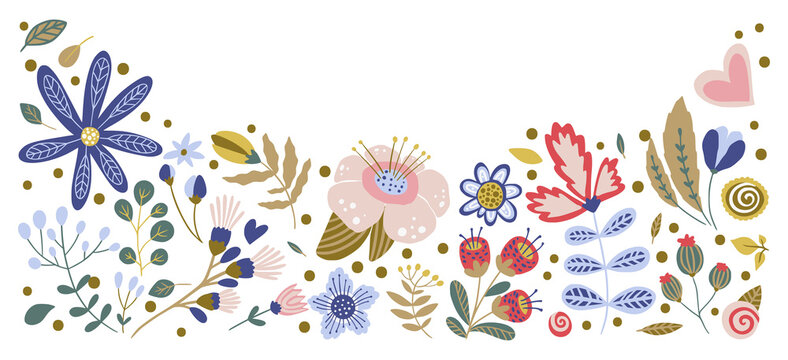 Ornate illustration of leaves, plants, branches and flowers with white background. Hand drawn border for cards, invitations, logo, greeting, wedding invite template illustration. Vector frame.