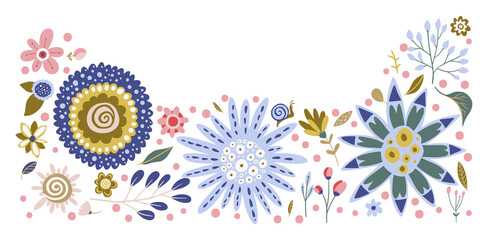 Ornate illustration of leaves, plants, branches and flowers with white background. Hand drawn border for cards, invitations, logo, greeting, wedding invite template illustration. Vector frame.