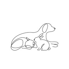 Continuous one line drawing. dog, cat and bunny logo. Pet shop design. One line art vector illustration. - 381289053
