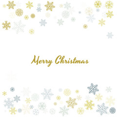 Christmas snowflakes background with place for text. Winter gold and silver snow minimal frame decoration on white, greeting card. New Year Holidays subtle backdrop. Vector illustration