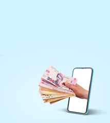 income concept mobile banking lottery or trade Easy Money 3d render on blue gradient