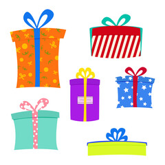 Set of different bright gift boxes. Colorful present with ribbon in flat style. Design elements for holiday event, gifts, birthday, Christmas, New year. Vector illustration. 
