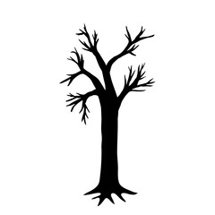 full-length black silhouette of a tree with roots and no leaves. vector illustration of an autumn tree. traced hand drawn illustration