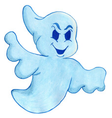 Halloween, Ghost with an evil look. A treat or a trick. Watercolor illustration isolated on white background.