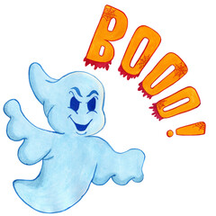 Scary and funny talking boo ghost. Blue ghost. Halloween illustration isolated on white background. Watercolor illustration.
