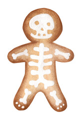 Gingerbread man decorated with glaze in the form of a skeleton. Festive cookies in the shape of a man. Watercolor illustration for Halloween. Isolated on white background.