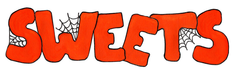 Orange text sweets with cobwebs. Watercolor sketch illustration. Isolated on white background. Illustration for Halloween.