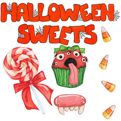 Set of illustrations for Halloween. Orange text Halloween sweets with cobwebs, lollipop with red bow, green cupcake with eyes, caramels and candy teeth. Isolated on white background.